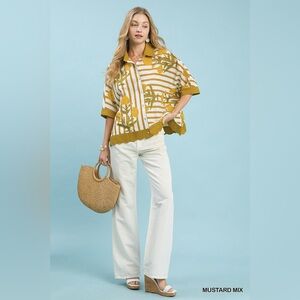 Umgee Mixed Floral Stripe Button Down Top 💛 Mustard Mix | Boho Patchwork Blouse